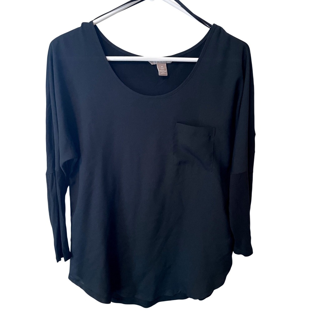 Banana Republic Womens Black Mixed Media Scoop Neck Pocket Blouse Medium Basic